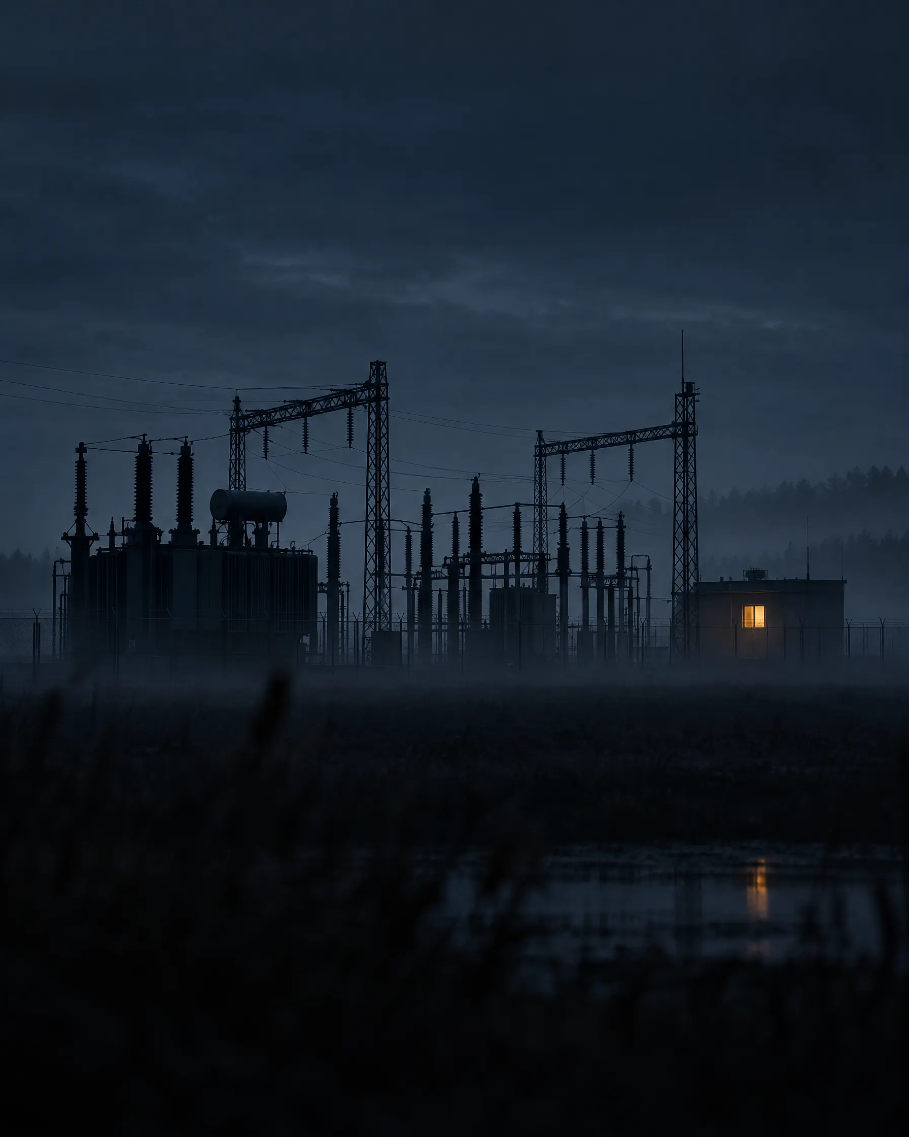 Umspannwerk zur blauen Stunde im Nebel, ein warmes Licht im Betriebsgebäude